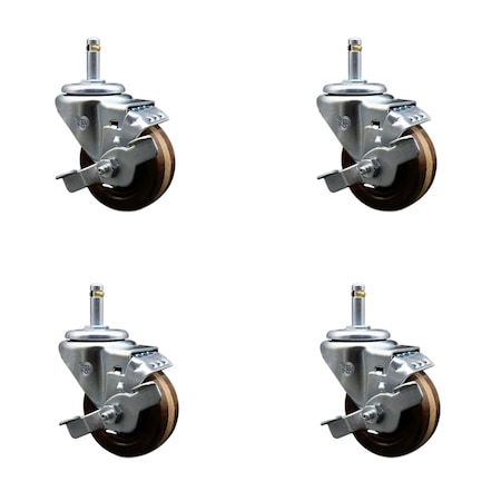 Service Caster 3'' High Temp Phenolic Swivel 7/16'' Grip Ring Stem Caster Set with Brake, 4PK SCC-GR20S314-PHSHT-TLB-716138-4